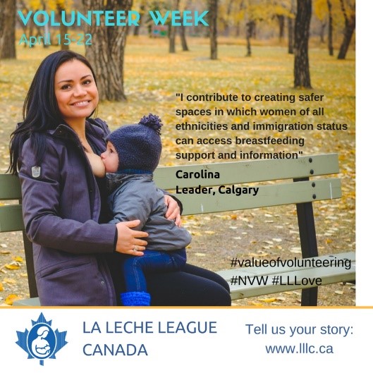 Leader Carolina breastfeeding in a park in Fall in an April 2018 volunteer week social media post