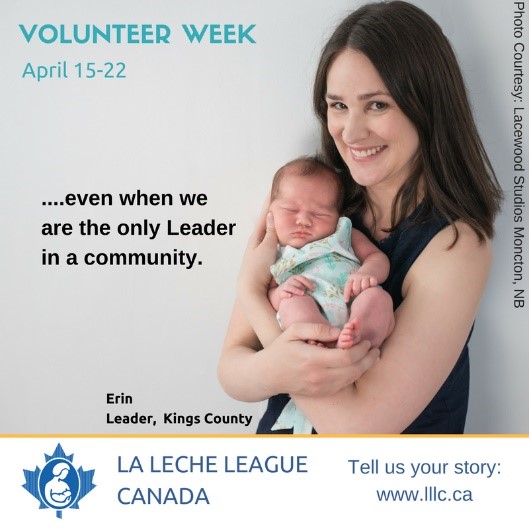 Leader Erin holding a newborn in an April 2018 volunteer week social media post
